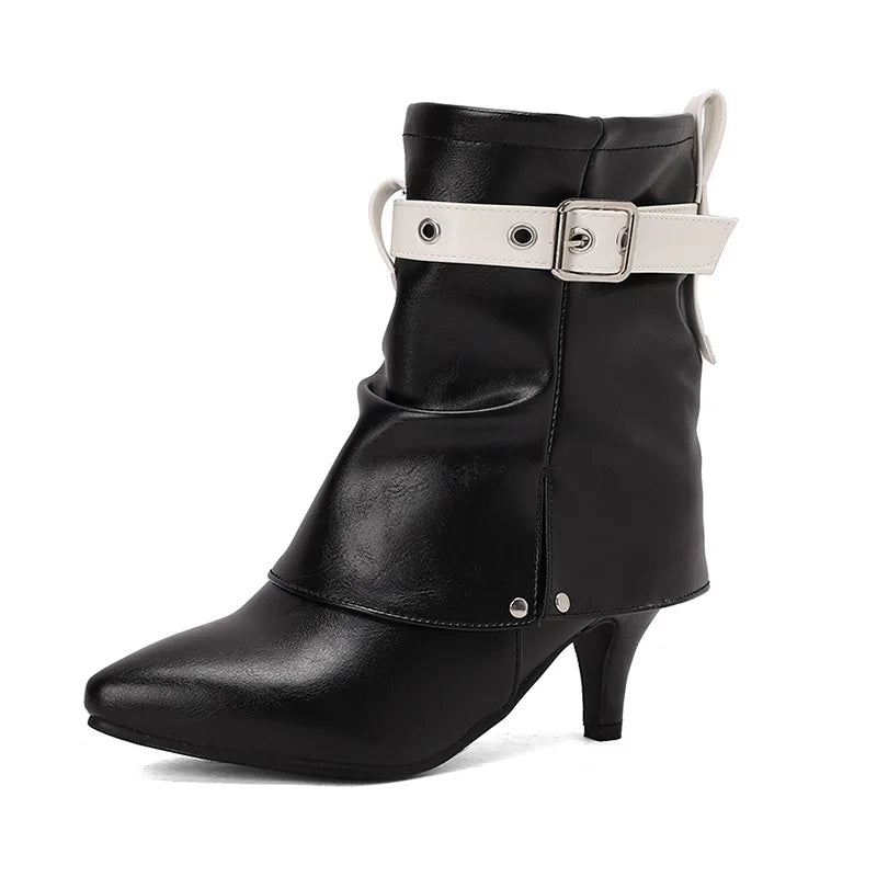 Western Style Denim Autumn Pointy Toe Ankle Boots With Belt Buckle for Women