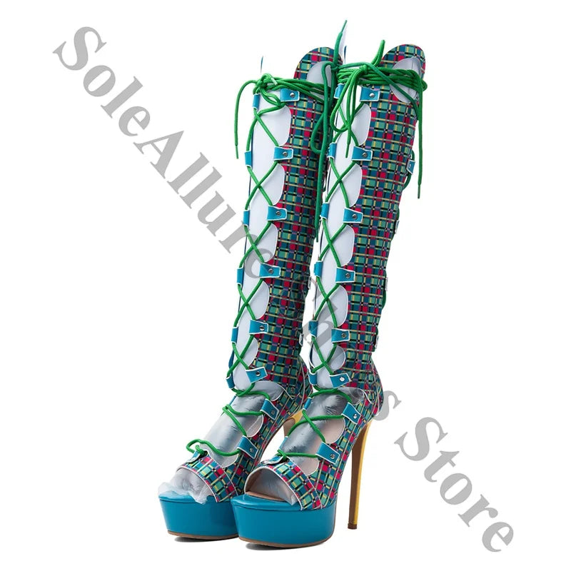 Colorful Plaid Peep Toe Knee High Lace Up Boots for Women