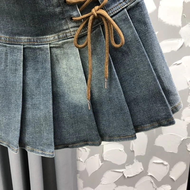 Pleated Skirt Girls Spring Summer New High Waisted Cowboy Short Korean Versatile Elastic Waist Fashion Sweet 2024