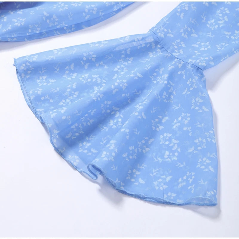 Printed V Neck Ruffle Sleeve Mid Calf Dress for Women
