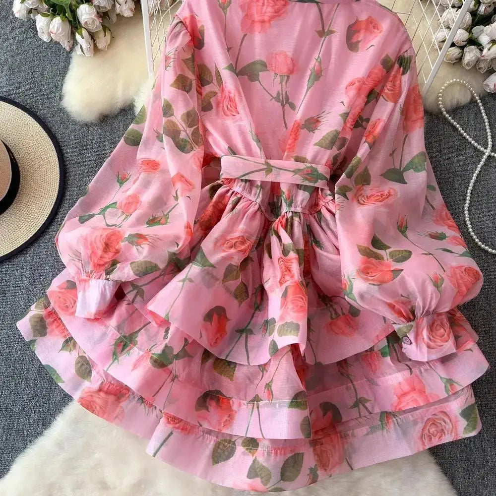 Women Lantern Sleeve Floral Print Lace Up Belt Summer Ball Gown Cute Dress Holiday Gorgeous Flower Ruffles Layer Cake Mini Dress