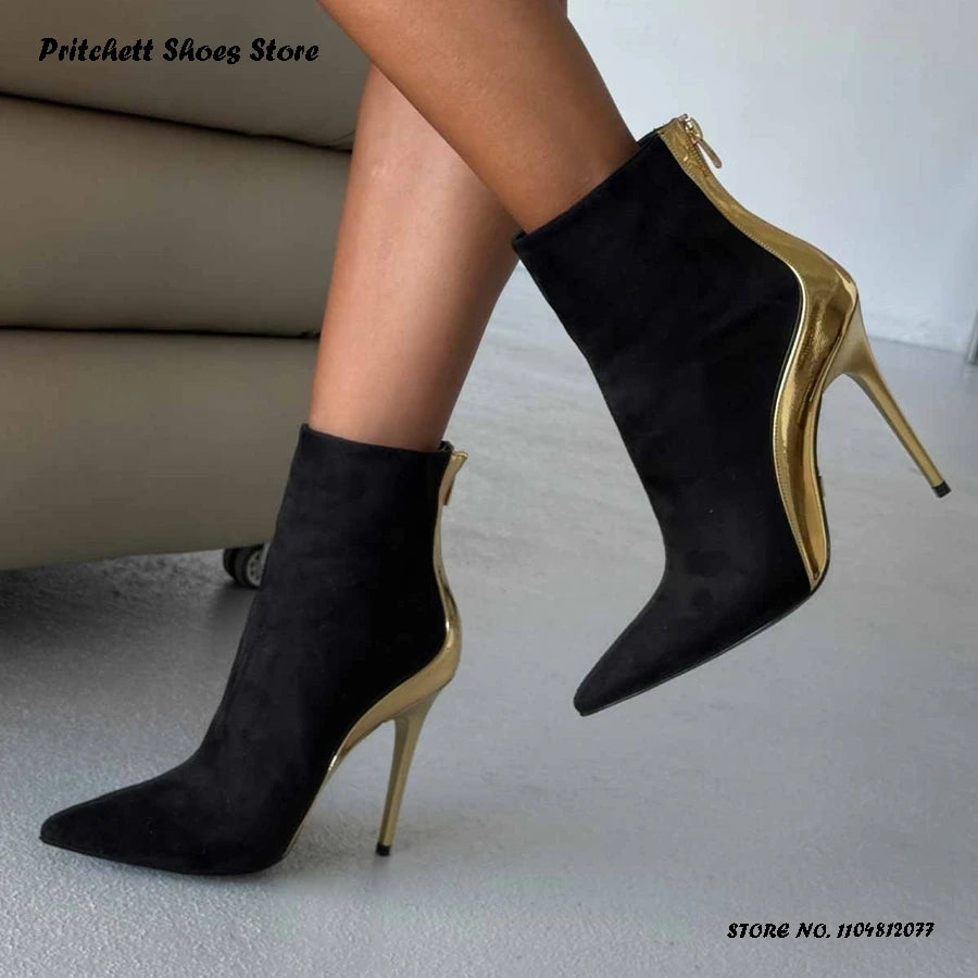Patchwork Leather Trimmed Pointed Toe Ankle Boots for Women