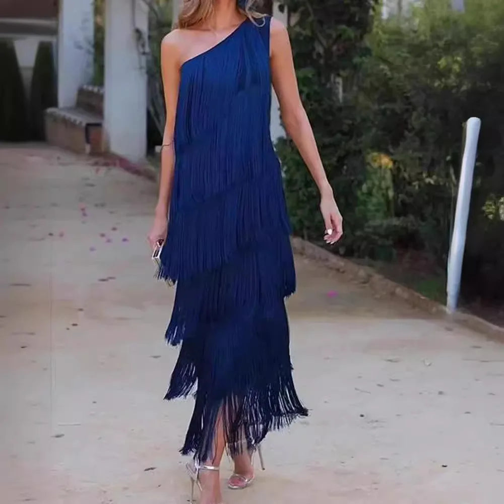 Diagonal Collar Tassel Sleeveless Summer Dress for Women