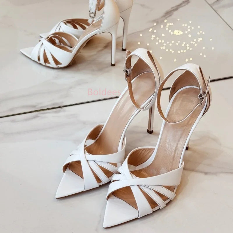 Elegant Nude Black Cross Strappy Crystal Buckle Sandals Thin Heels For Women