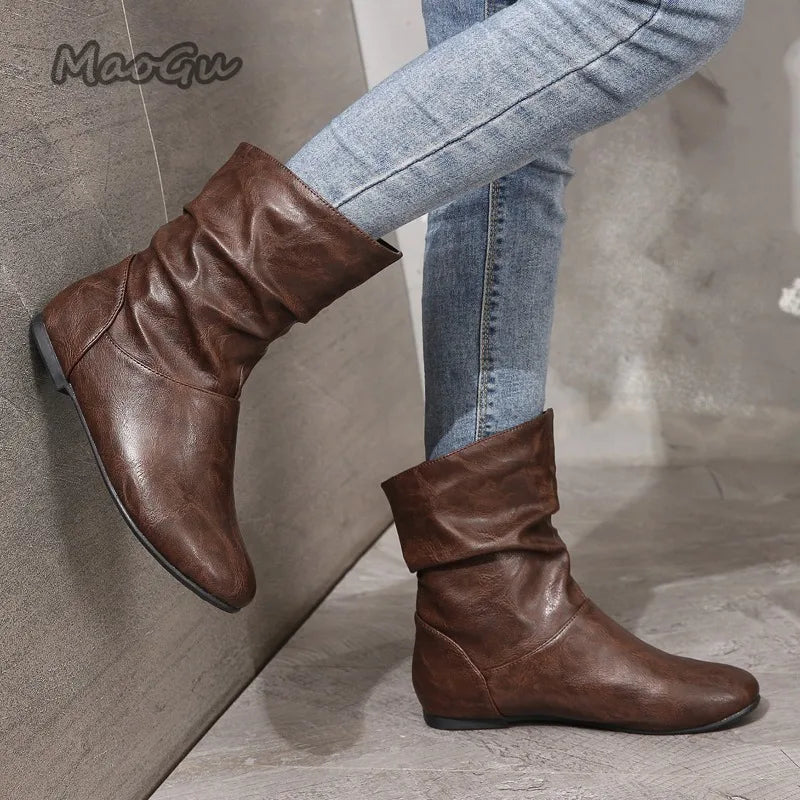 Modern Pleated Leather Square Heel Boots For Women