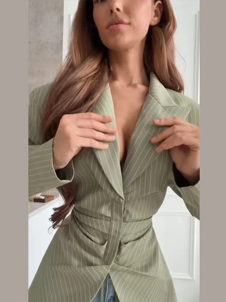 Striped Full Sleeve Blazer With Detachable Tassel Lapel for Women