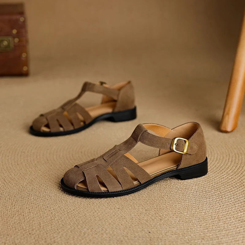 Retro Cowsuede Buckle Strap Closed Toe Sandals for Women
