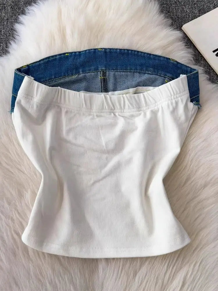 Spicy girl letter embroidered strapless top sexy women's summer retro denim patchwork slim fit camisole vest for street wear