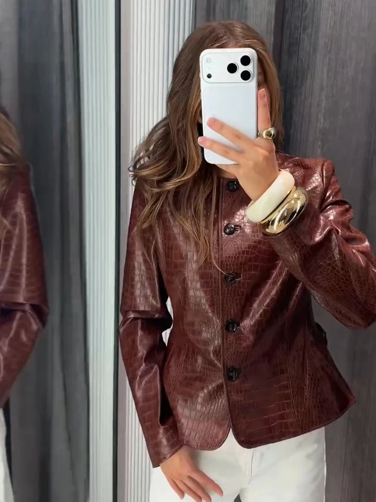 Slim Fit Single Breasted Faux Leather Jacket for Women