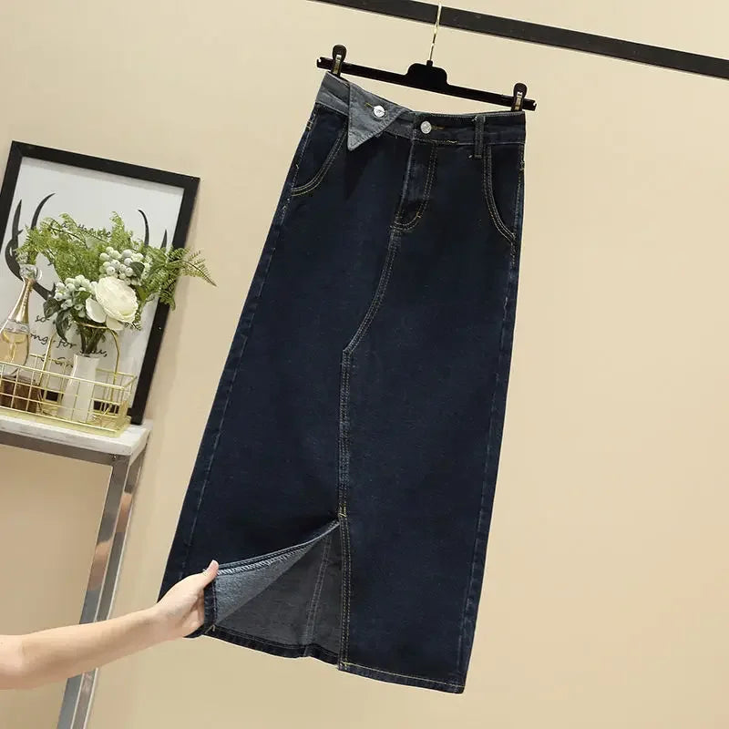 High Waist Split A-Line Denim Midi Skirt With Pockets For Women