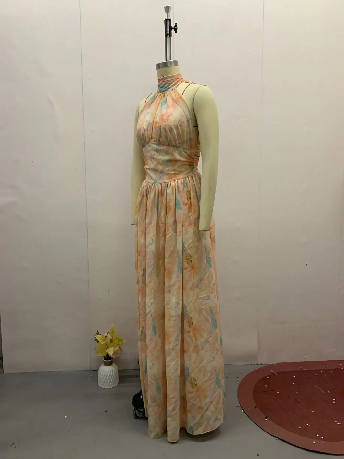 Flower Dress for Women Print Hollow Backless Holiday Fashion Lace Up Sleeveless Pleated Party Dresses New 2025 Summer Long Skirt