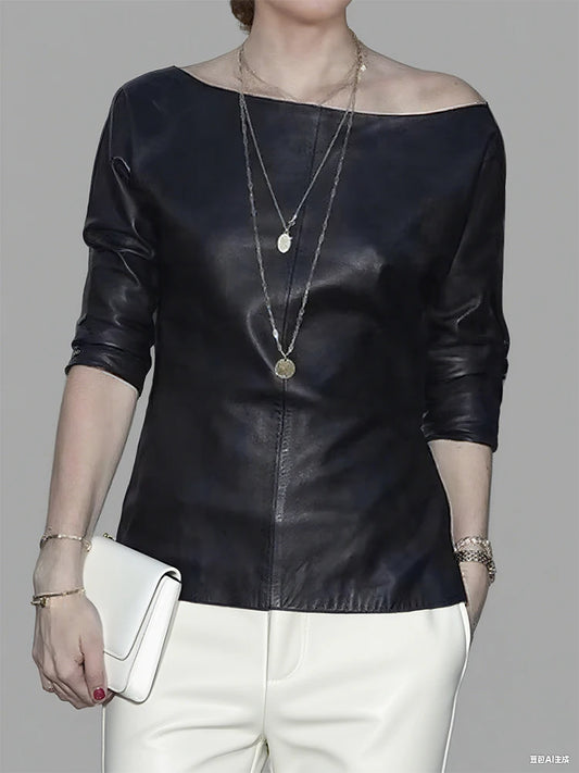 Women PU Leather Round Neck Long Sleeve Blouse Tops Pullover Loose PU Clothes Streetwear Windproof Motorcycle Clothing