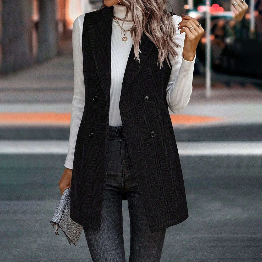 Women's Elegant Turn Down Collor Sleeveless Buttons Vest Blazer Coats Mid-Jackets Winter Ladies Office Work Outwear Outcoat S-XL