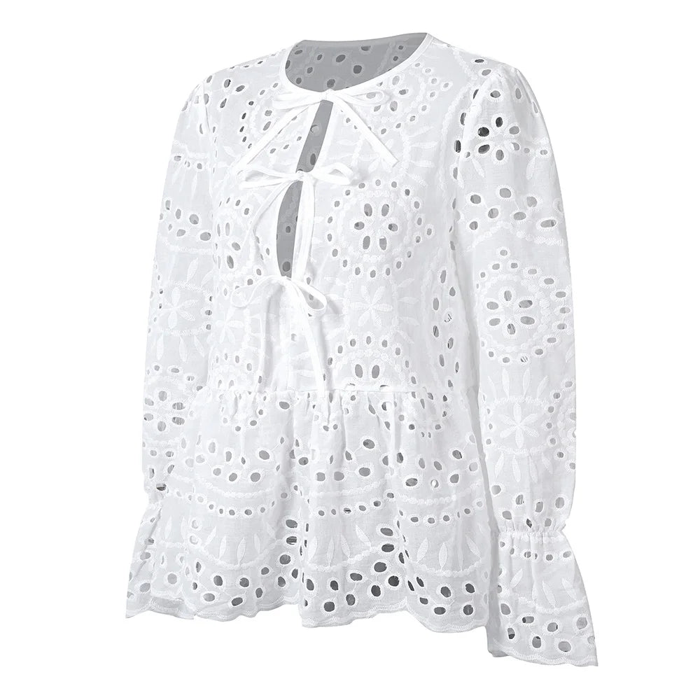 Women's Solid Boho Hollow Out Lace Up Lantern Sleeve Ruffle Blouse Autumn Ladies Casual Loose Holiday Vacation Tops Size S-2XL
