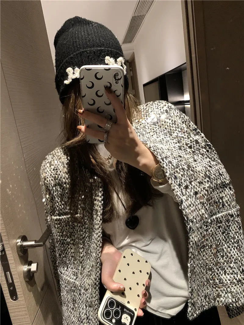 Elegant Sequined Tweed Button-Front Jacket for Women