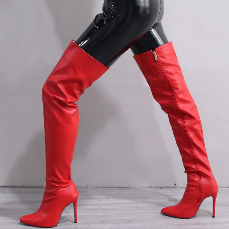 Fashion Leather Side Zipper Pointed Toe Stiletto Over The Knee Boots for Women