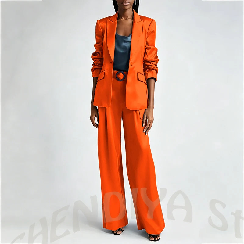 Women's Two Pieces Set Satin Peaked Lapel Elegant Fashion Single Button Straight Professional Tailor-Made Jacket with Pants