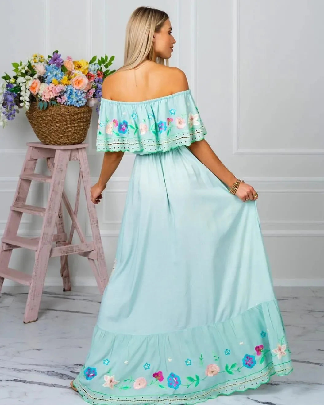 Floral Print Off Shoulder High Waist Dress for Women