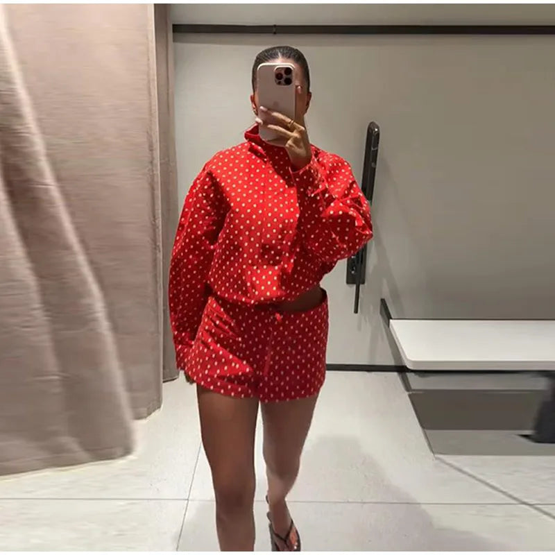 Polka Dot Stand Collar Jacket And High Waist Shorts For Women