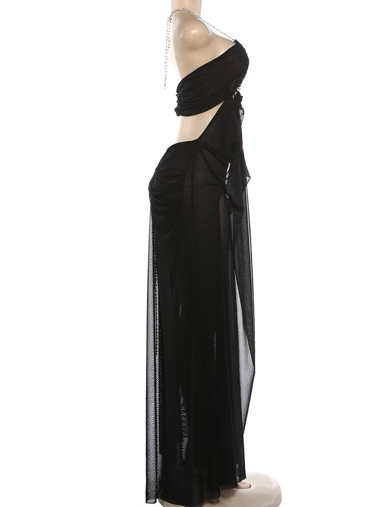 See Through Halter Backless Ruched Patchwork Dress for Women