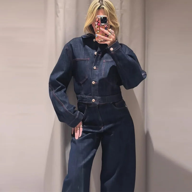 Chic Heart Print Denim Coat and Pants Set for Women