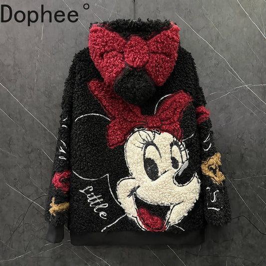 Fashion Autumn Winter Fluffy Overcoat Cute Minnie Loose Hooded Zip Cardigans Coat Mid-long Long Sleeve Sweet Lambswool Jacket