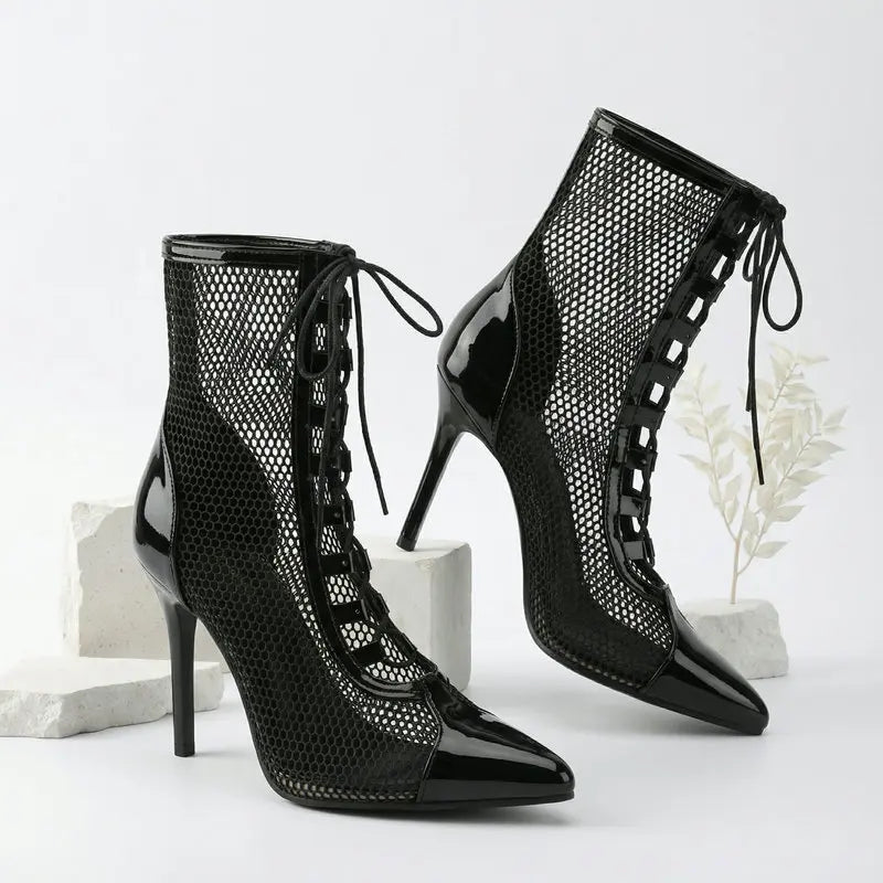 Breathable Mesh Pointy Toe Lace Up Thin Heel Ankle Boots for Women