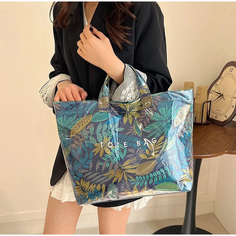 Leaf Print Handbag Pvc Fashion Transparent Waterproof Fashion High-end Shoulder Bag Large Capacity Commuter Tote Bag Shop Bag
