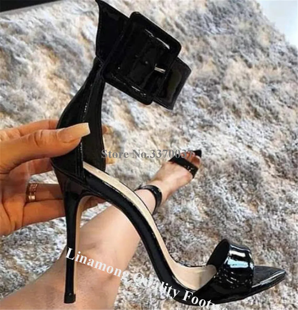 Patent Leather Buckle Strap Sandals With Stiletto Heel For Women