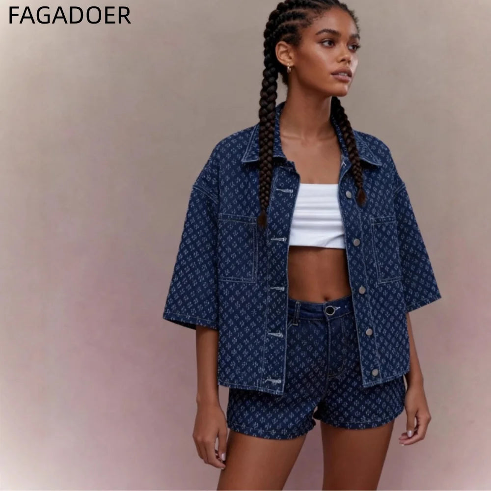 Casual Two-Piece Denim Set With Lace-Up Shorts for Women
