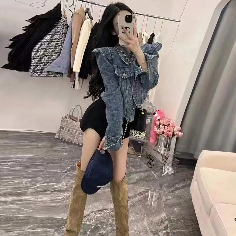 Vintage Inspired Turn Down Collar Cropped Denim Jacket for Women