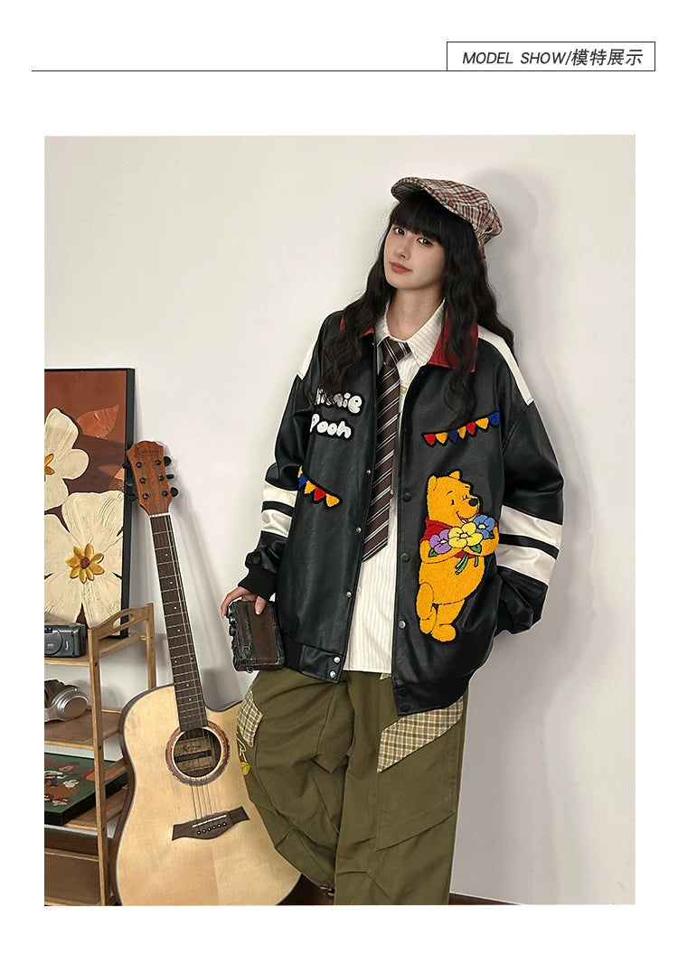 American Retro Bear PU Leather Jacket for Women Autumn and Winter Casual Loose Top Loose-Fitting Casual Couple Leather Jacke