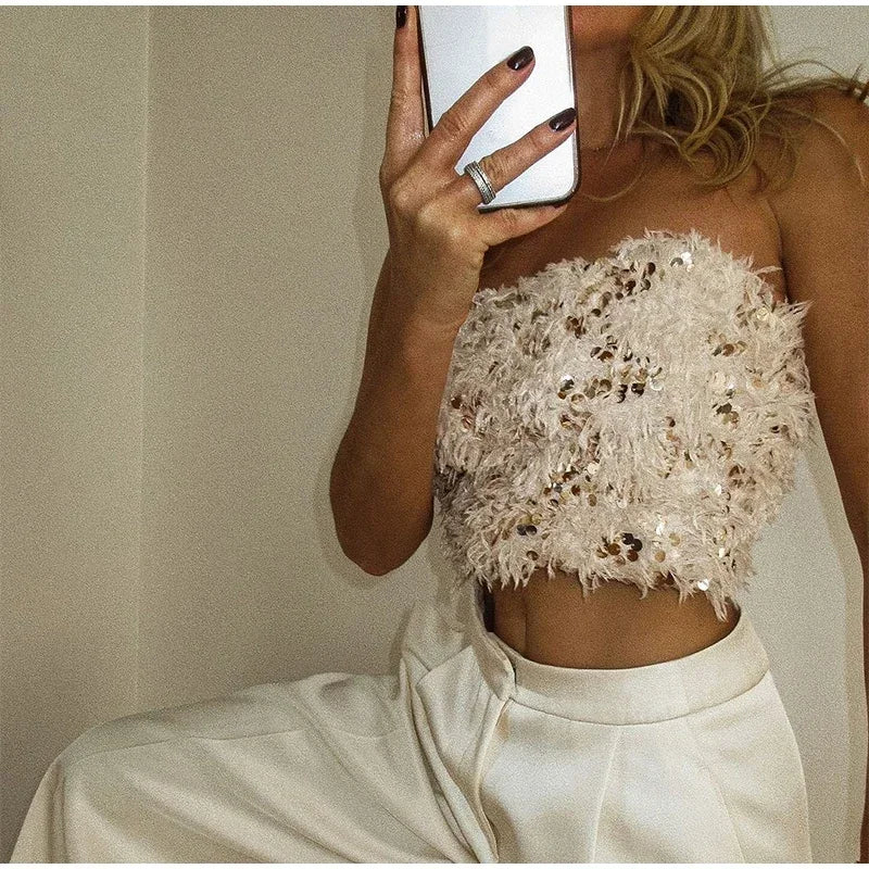 Sequin Corset Top With Faux Fur