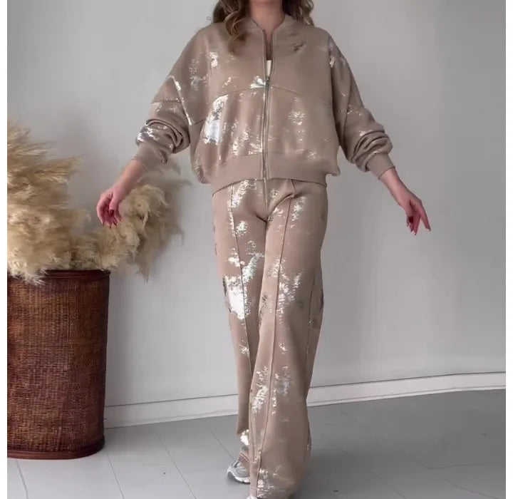Two Piece Set Woman 2024 Summer New Streetwear Fashion Sequin Printed Zipper Casual Long Sleeves Hoodie and Pants Suit Female