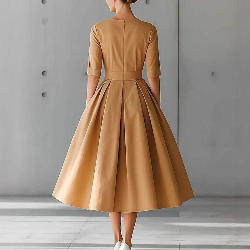 2026 Spring New O Neck Swing Long Party Dress Woman Casual Solid High Waist Pocket Pleated Dress Fall 3/4 Sleeve Boho Maxi Dress