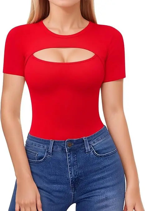 Seductive Tops Intricate Hollow Lacework T-Shirt Figure Hugging RoundNeck Blouse Classic Comfortable SolidColor Shirt