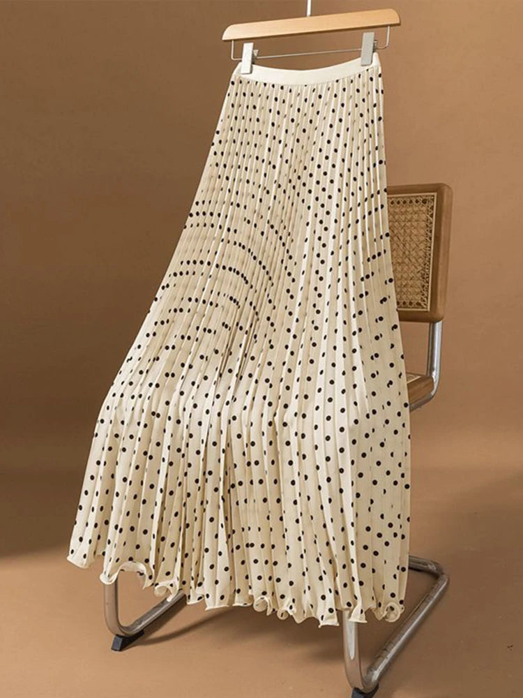 Polka Dot Pleated High Waisted Midi Dress for Women