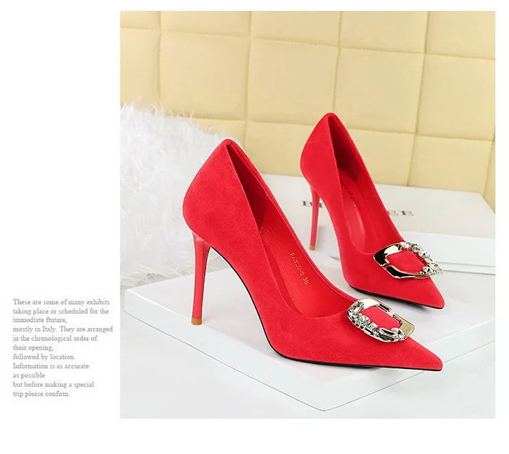 Elegant Rhinestone Buckle Suede High Heel Pumps for Women