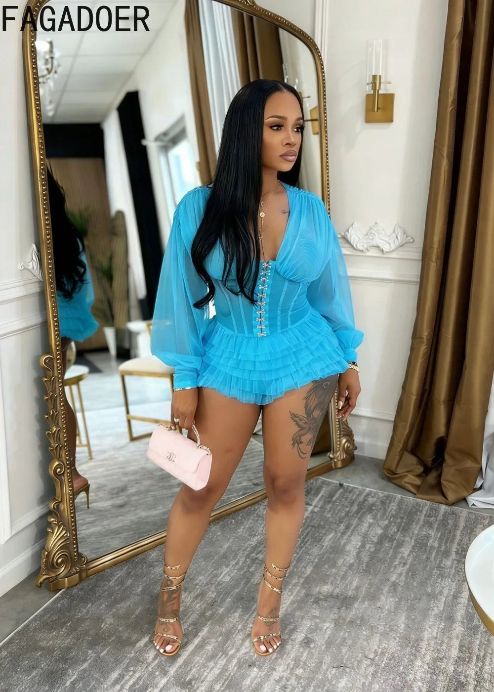 Mesh Ruched Patchwork See Through Long Sleeve Bodycon Rompers for Women