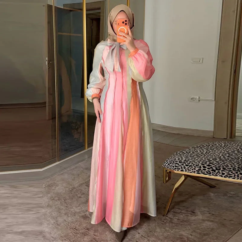 Elegant Chic Color Stripe Balloon Sleeve Dress for Women