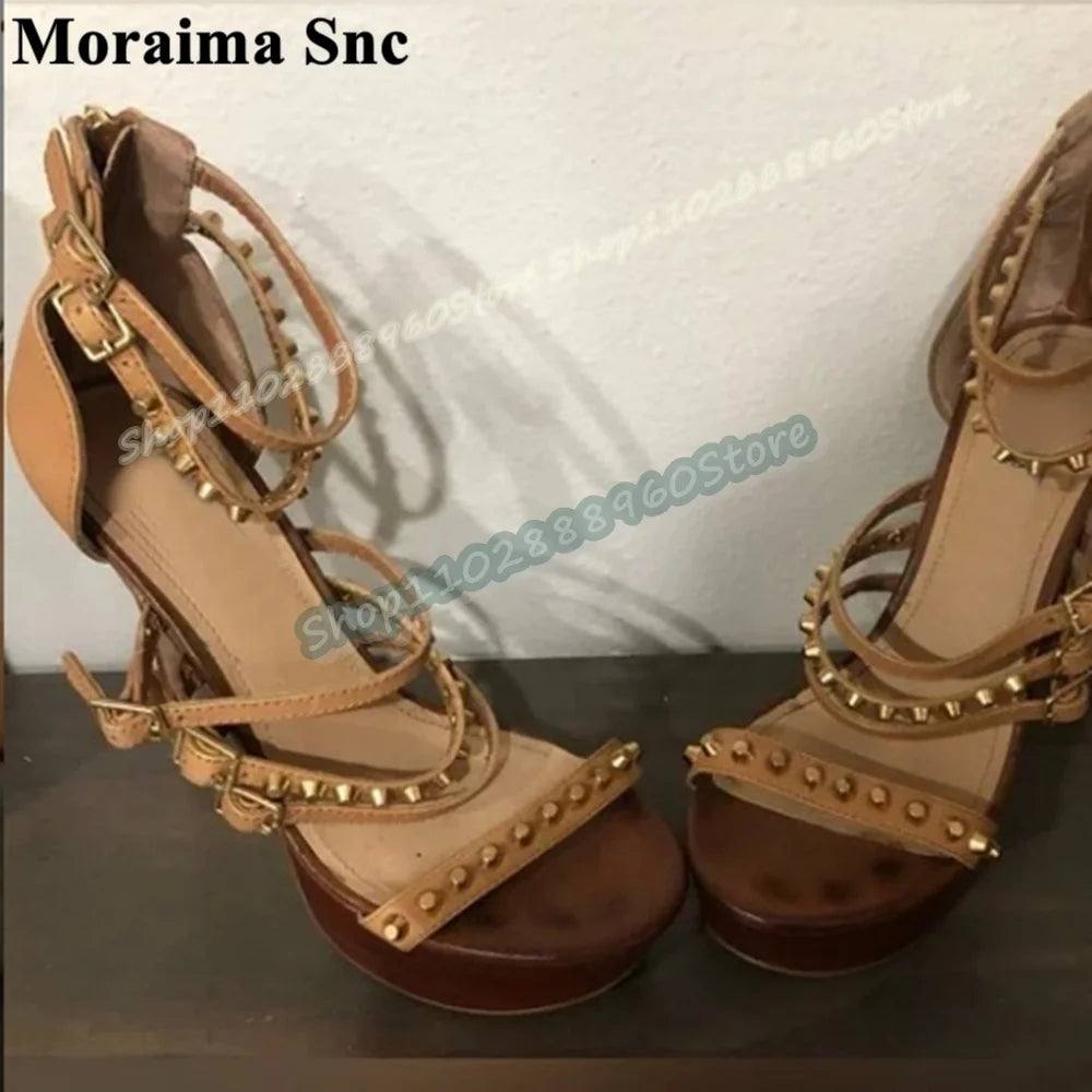 Khaki Rivet Buckle Strappy Platform Sandals For Women
