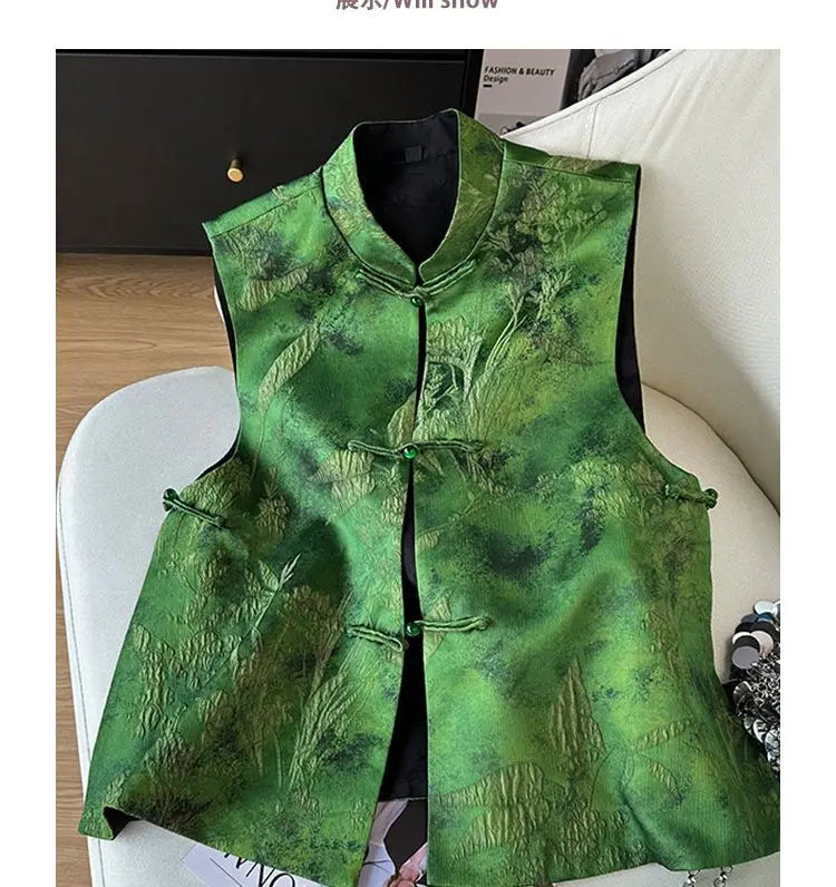 Green Chinese Style Embroidered Vest With Buckle for Women