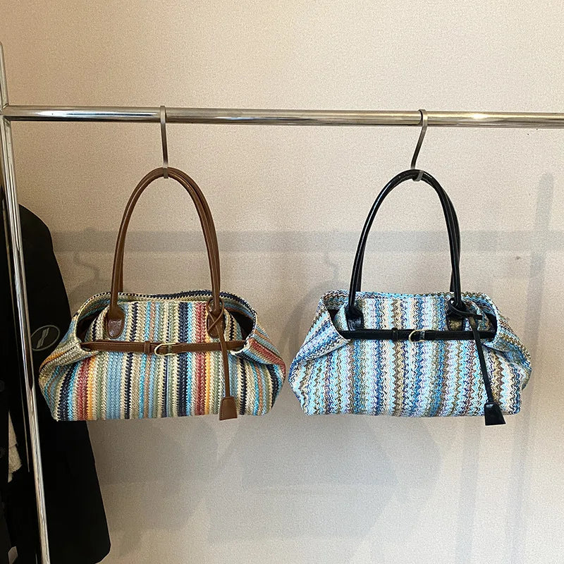 Large capacity rainbow woven tote bag, women's new versatile commuting beach bag, shoulder bag