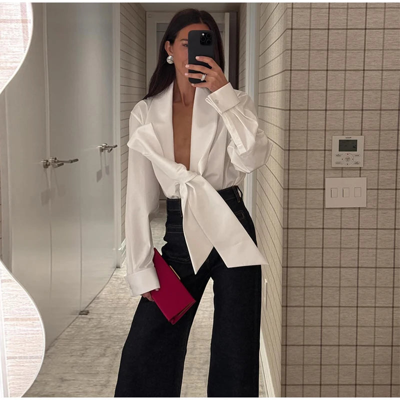 Elegant Bow Detail Pleated Long Sleeve V Neck Blouse for Women