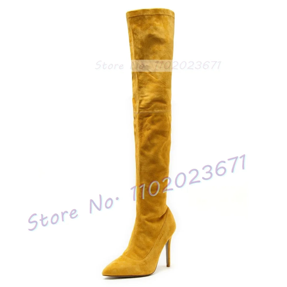 Yellow Suede Splicing Long Boots Women Vintage Streetwear Pointed Toe Over Knee Boots Ladies Green High Heels Sexy Side-zip Shoe