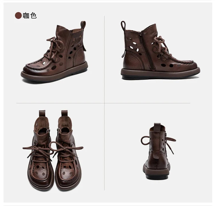 Breathable Hollow-Out Genuine Leather Ankle Boots for Women