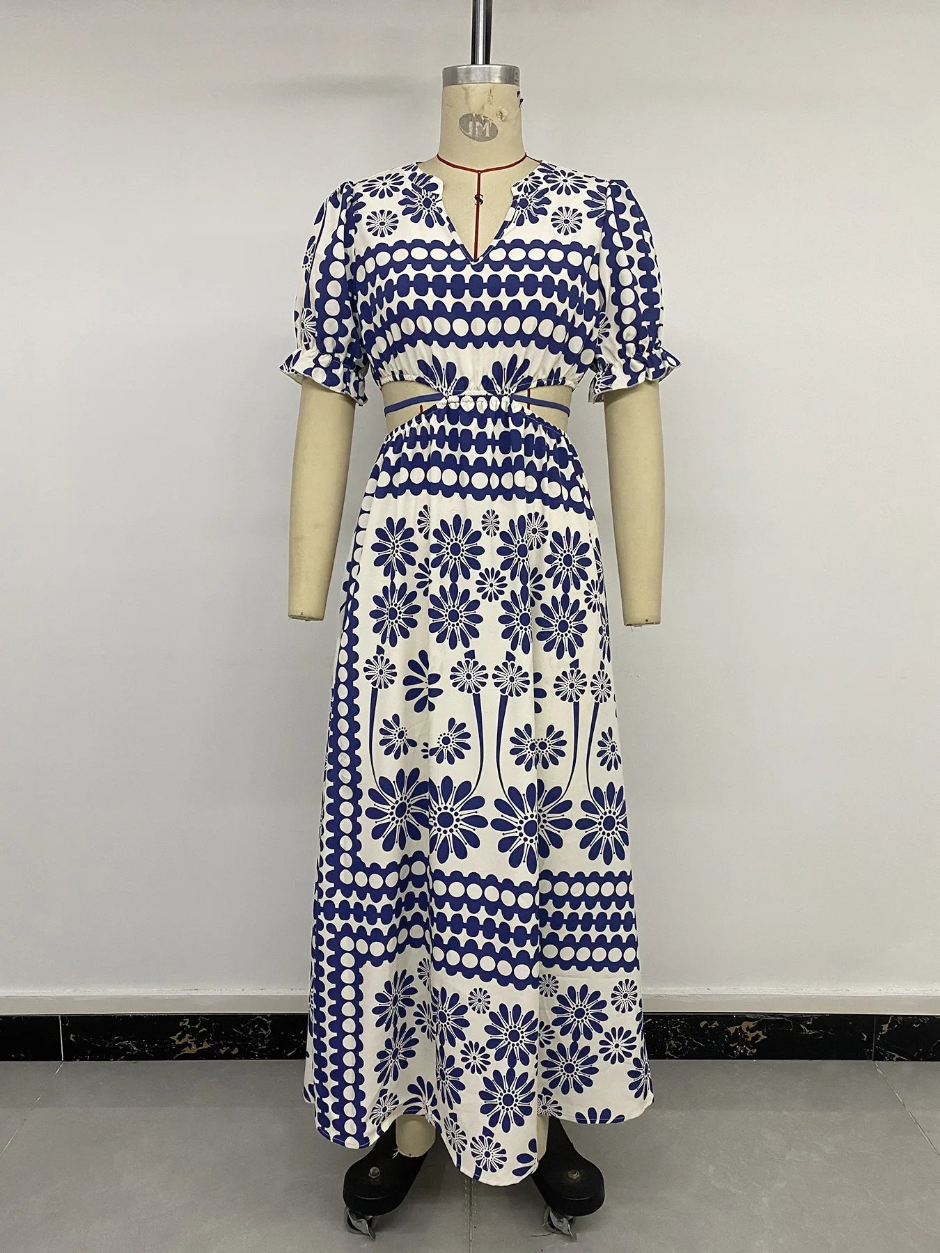 Elegant Retro Print High Waist Hollow Out Midi Dress for Women