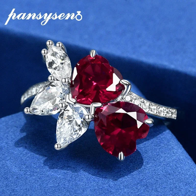 PANSYSEN Vintage 100% 925 Sterling Silver 7*7MM Heart Cut Ruby Diamond Rings for Women Wedding Engagement Fine Jewelry Ring Gift