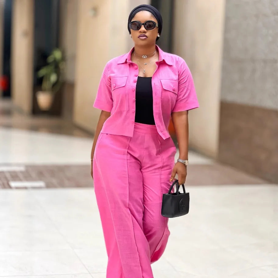 Two Pieces Women Pant Sets Solid Matching Sets Pocket Button Short Sleeve Top Empire Waist Wide Leg Pants Loose Fit 2025 Summer