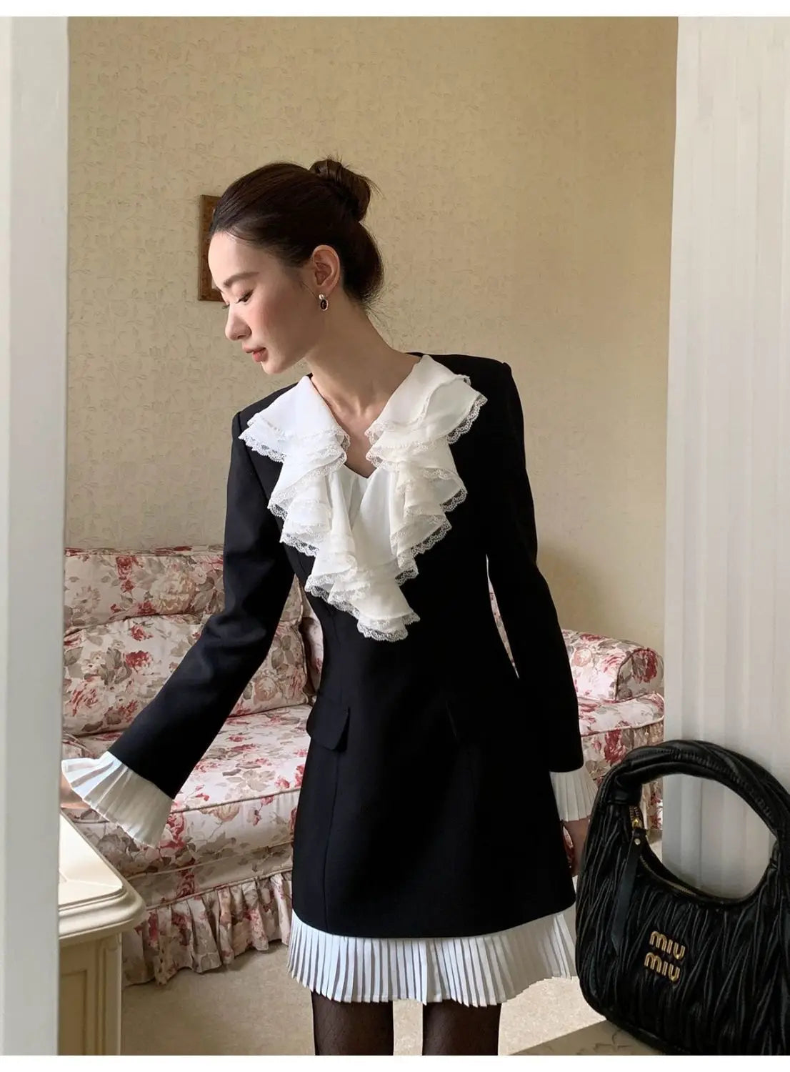 Cascading Ruffle Leaf Edge Collar Midi Dress for Women